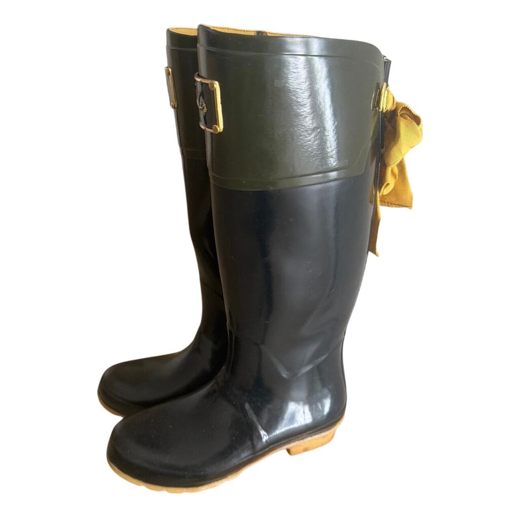 JOULES EVEDON Black Tall Rain Boots with Red Bows US Size 8